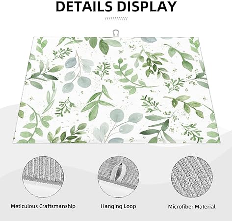 Dish Drying Mat Microfiber for Kitchen Counter Blue and Green Leaves Absorbent Dish Draining Reusable Washable Extra Large 18"x24"