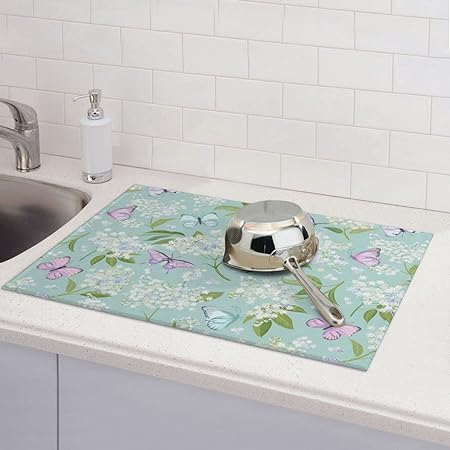 Dish Drying Mat Microfiber for Kitchen Counter Blue and Green Leaves Absorbent Dish Draining Reusable Washable Extra Large 18"x24"