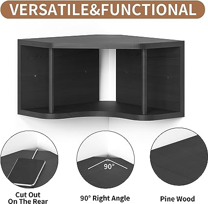 Pine Wood Shelves 90° Corner Floating Cabinet Shelf for Wall, 18’’ Bedside Corner Wall with Cord Hole