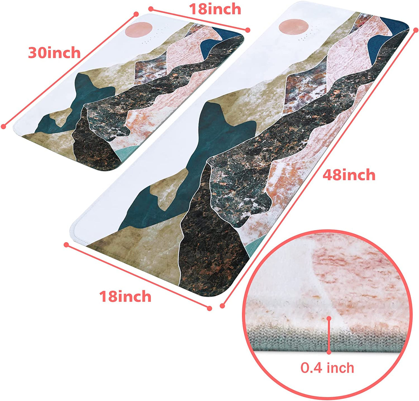 2 PCS Cushioned Floral, Flowers Anti Fatigue Kitchen Rugs - 18'' x 48'' + 18'' x 30''