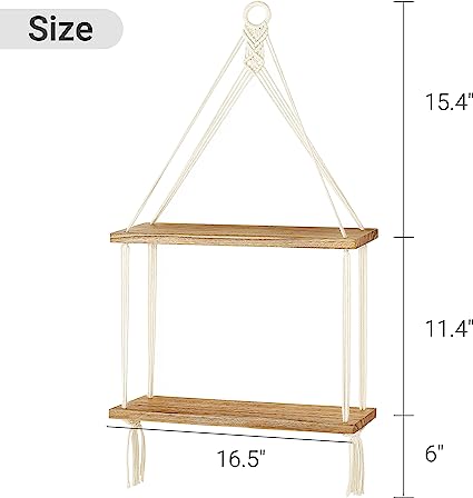 Macrame Hanging Shelf Boho Wall Decor 2 Tier Handmade Cotton Rope Rustic Wood