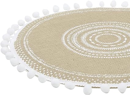 Tribal Folk Geometric Circles Pattern Round Placemat - Farmhouse Jute Table Mats (Jute, Set of 4)