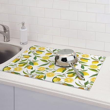 Dish Drying Mat Microfiber for Kitchen Counter Blue and Green Leaves Absorbent Dish Draining Reusable Washable Extra Large 18"x24"