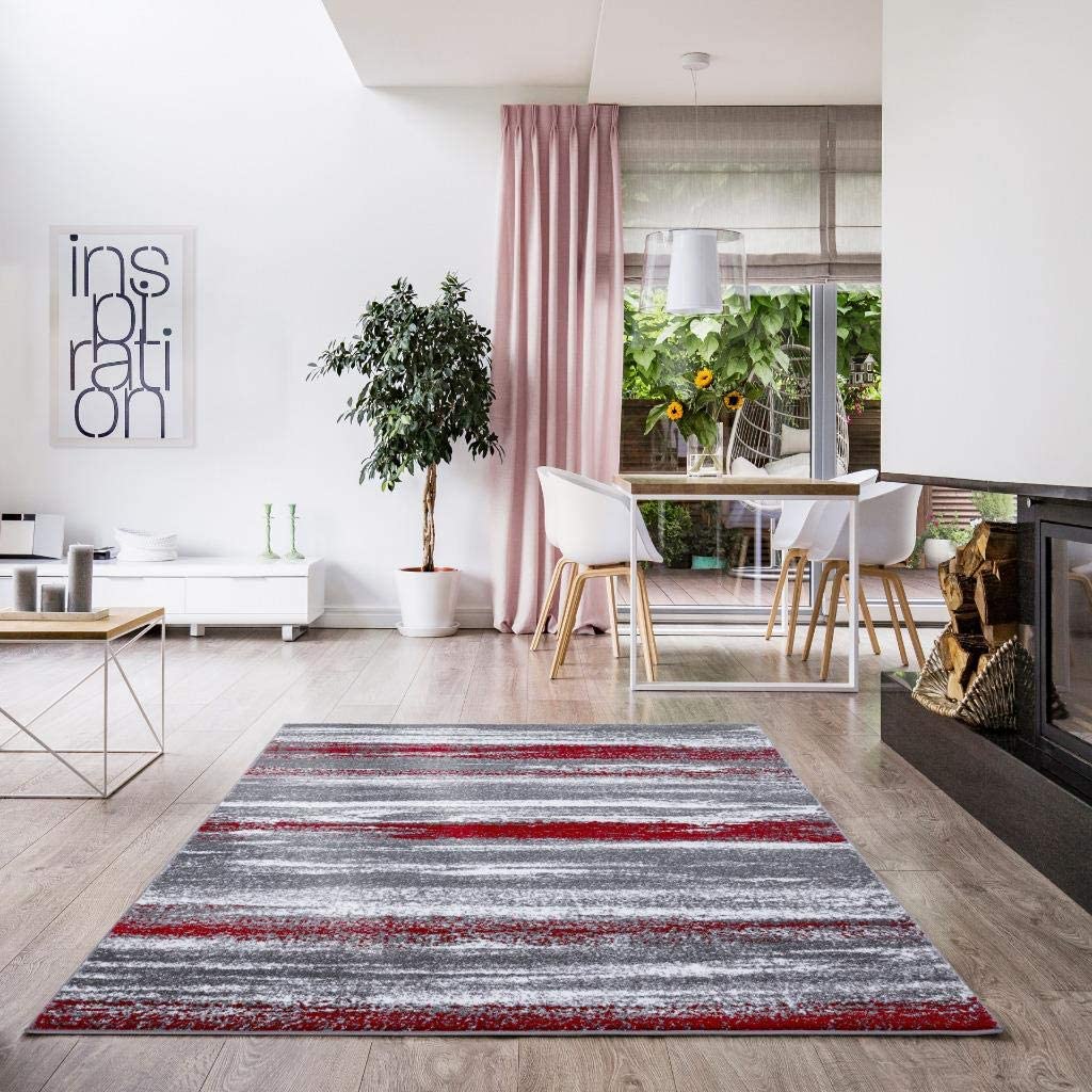 Modern Abstract Soft Ivory Grey Red Area Rug
