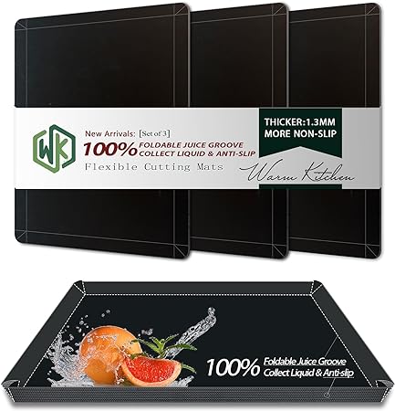 Flexible Plastic Cutting Boards for Kitchen Set of 3, WK Foldable Cutting Board Mats with Juice Grooves, Non Slip Cutting Boards for Meat, Dishwasher Safe, BPA Free, Black