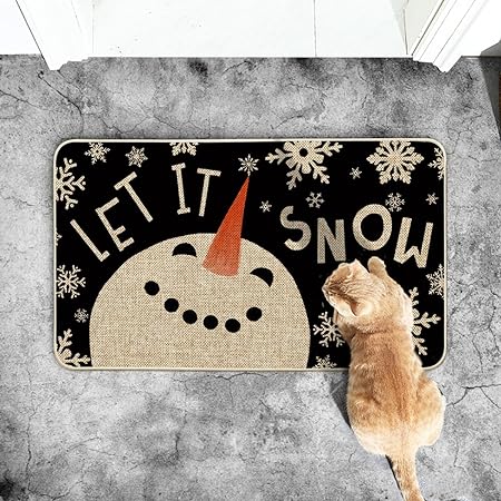 Snow Snowman Christmas Decorative Doormat Black, Seasonal Winter Xmas Holiday Low-Profile Floor Mat Switch Mat for Indoor Outdoor 17 x 29 Inch