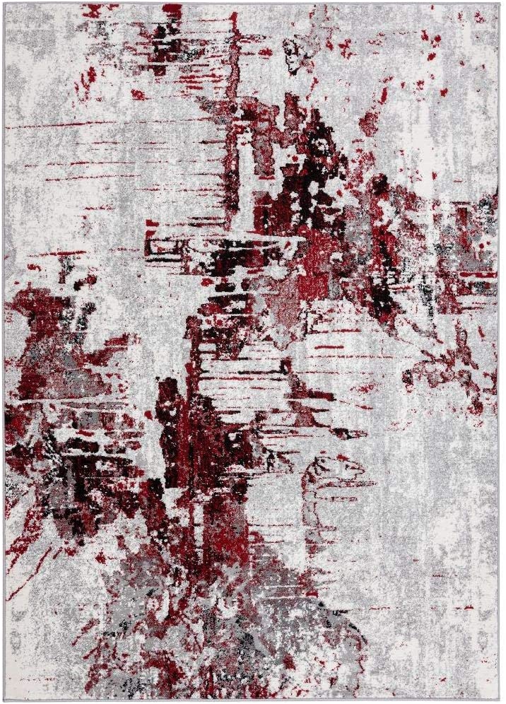 Modern Abstract Grey Ivory Red Soft Area Rug