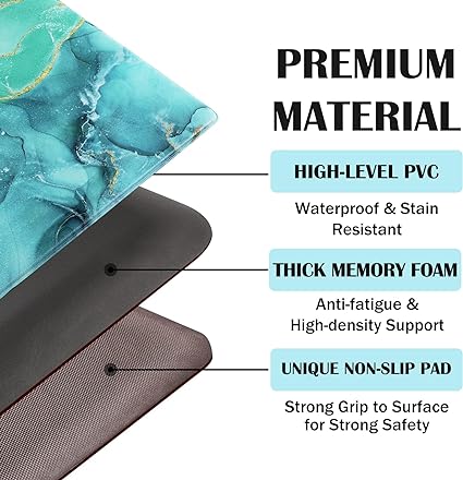2 PCS Black Marble Waterproof Leather Runner Rug Non Slip Cushioned Standing Mat for Sink Laundry 17.3''x30''+17.3''x47''