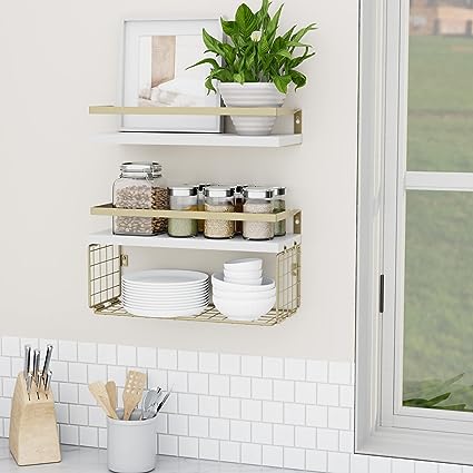 Home Decor Floating Shelves with Towel Bar/Hooks, (Gold-White)