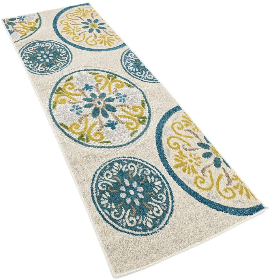 Carved Floral Transitional Indoor/ Outdoor Flat Weave Ivory/Teal Area rug