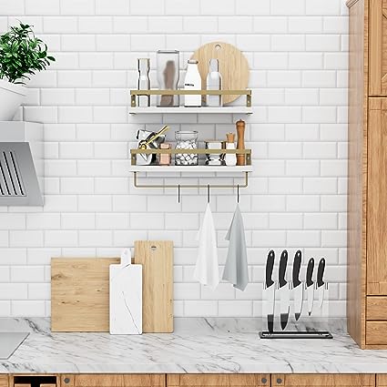 Home Decor Floating Shelves with Towel Bar/Hooks, (Gold-White)
