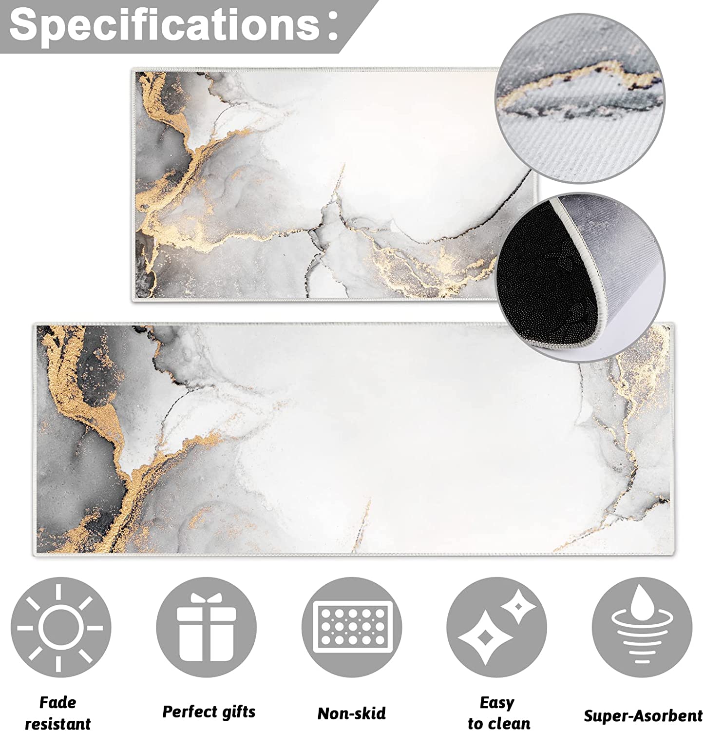 Marble Non-Slip Washable Kitchen Rug and Mat
