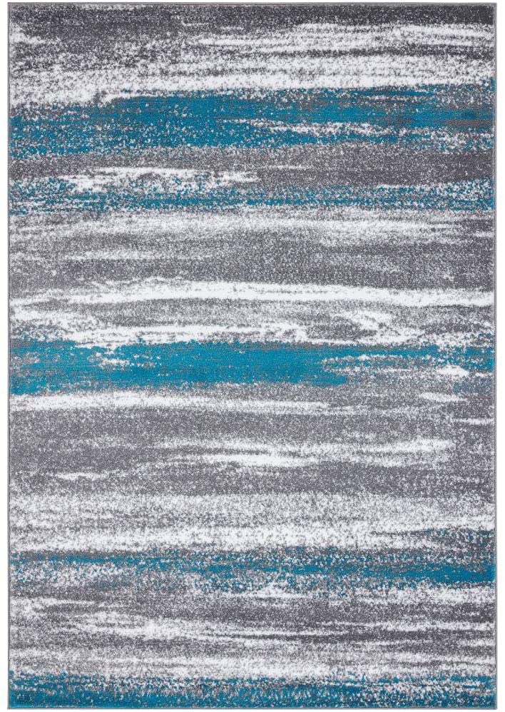 Modern Abstract Soft Ivory Grey Turquoise Area Rug