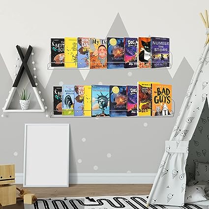 Clear Acrylic Floating Shelves 24 inches for Kids, Transparent Book Shelf Ledge for Wall, Set of 3