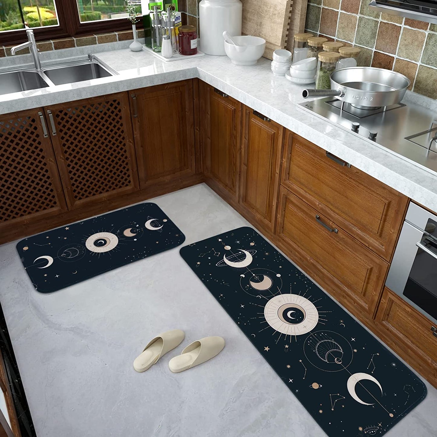 2 PCS Cushioned Floral, Flowers Anti Fatigue Kitchen Rugs - 18'' x 48'' + 18'' x 30''