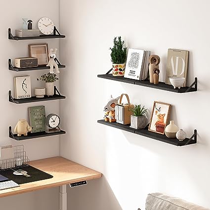 4.7in Rustic Wood Wall Floating Shelves Set of 8 (Dark Carbonized Black)