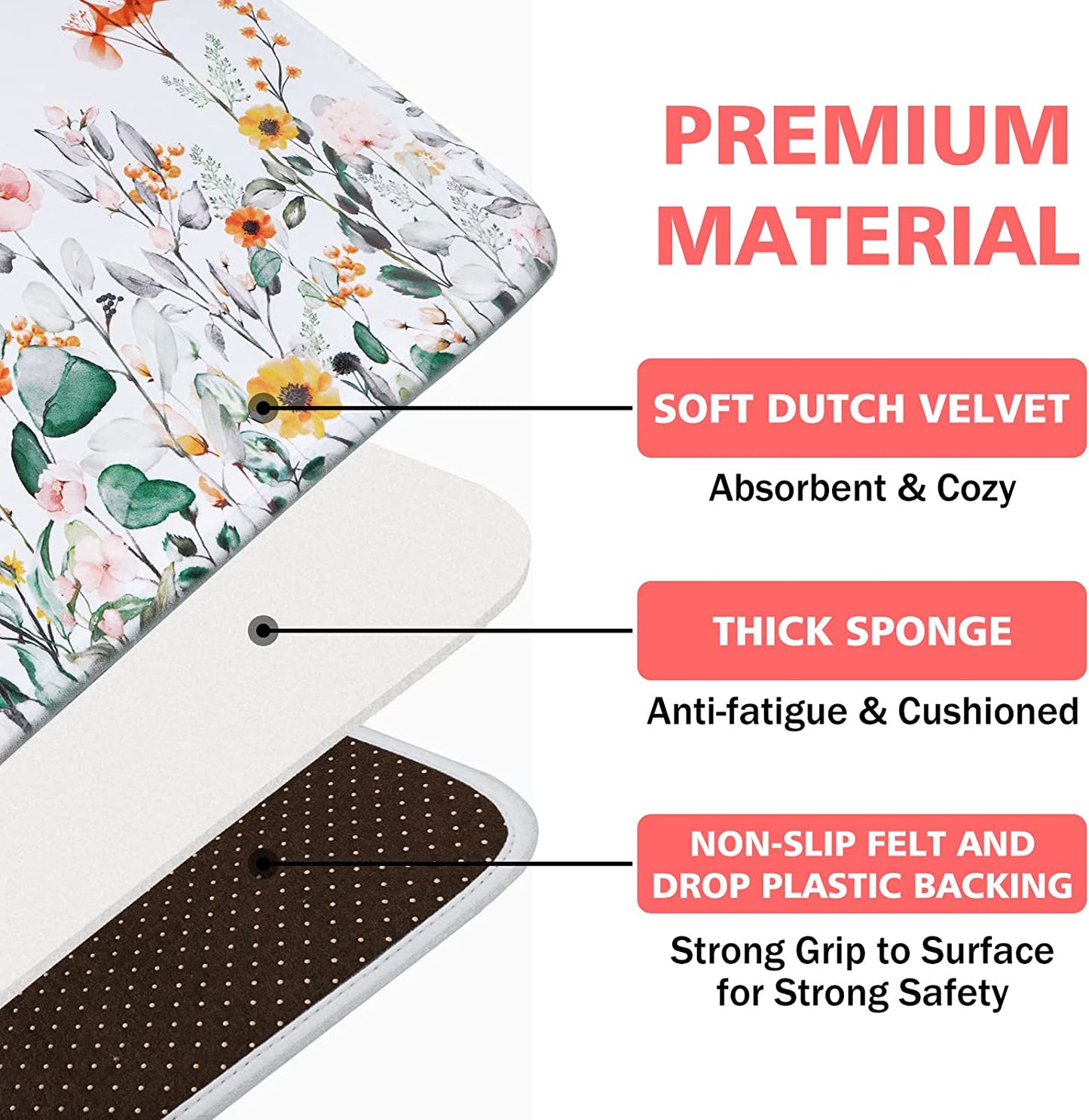 2 PCS Cushioned Floral, Flowers Anti Fatigue Kitchen Rugs - 18'' x 48'' + 18'' x 30''