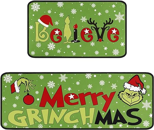 Non Slip Absorbent Waterproof Christmas Decorations Kitchen Rugs and Mats Set of 2, 17x29 and 17x47 Inch