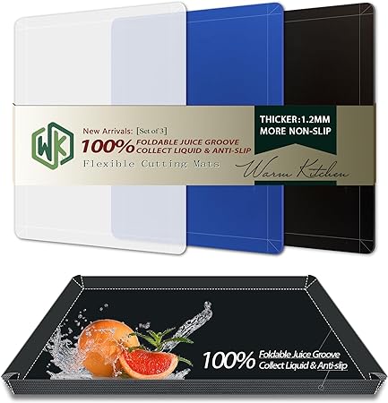 Flexible Plastic Cutting Boards for Kitchen Set of 3, WK Foldable Cutting Board Mats with Juice Grooves, Non Slip Cutting Boards for Meat, Dishwasher Safe, BPA Free, Black