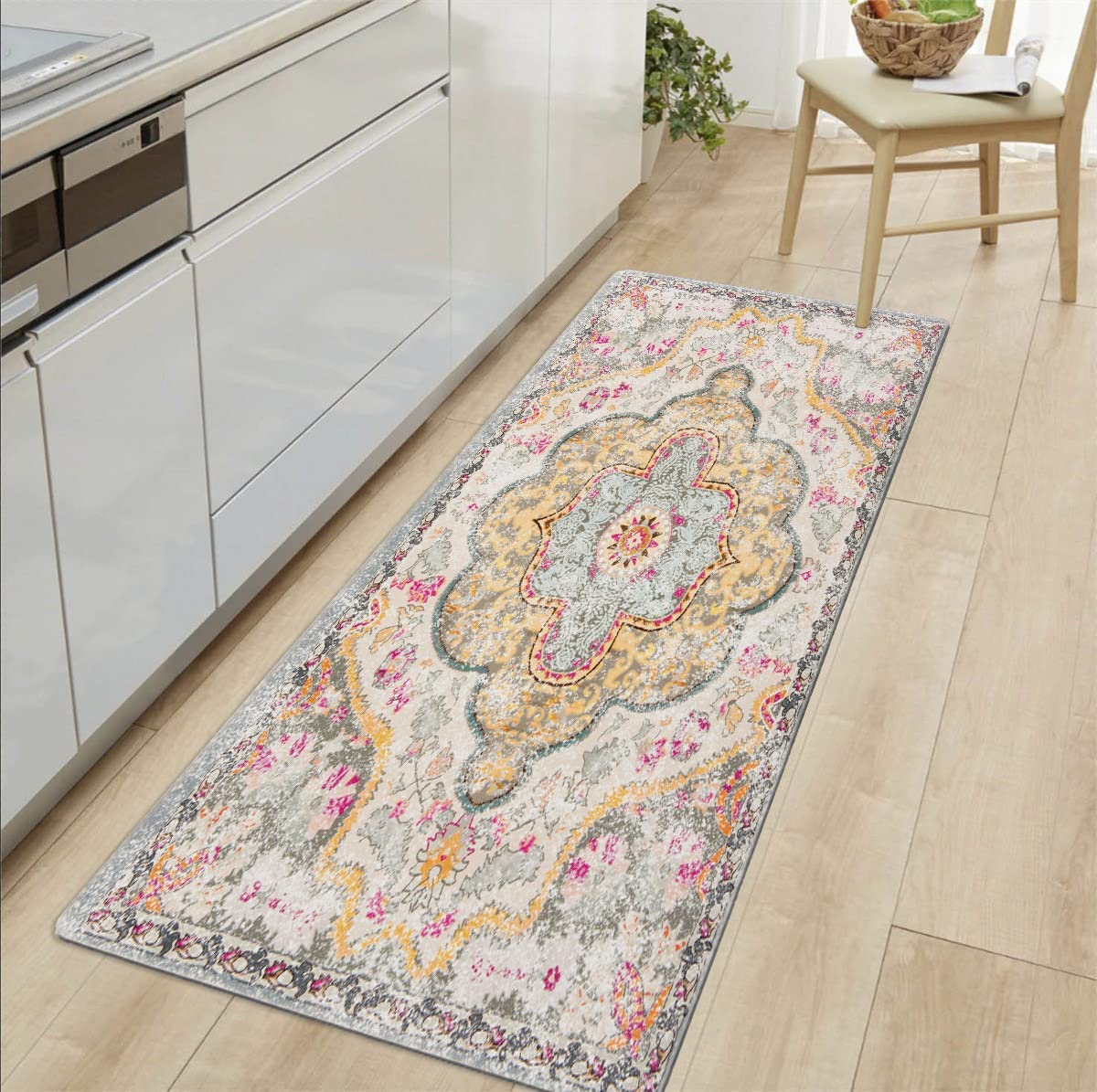 Distressed Bohemian Anti Fatigue Non Slip Stain Resistant Mat - 18" x 47" Cream