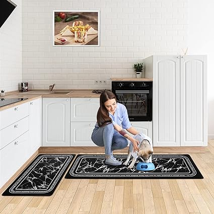 Anti-Fatigue Black and White Modern Non Slip Washable, Cushioned Kitchen Mats, 18 x 30 Inch
