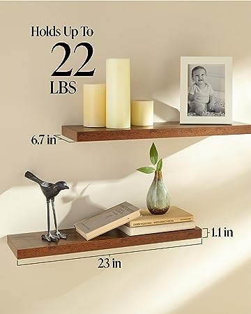 Set of 2 Wall Mounted Rustic Wood Shelves Decor with 22lbs Capacity (Rustic Brown)