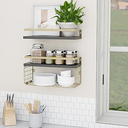 Home Decor Floating Shelves with Towel Bar/Hooks, (Gold-White)
