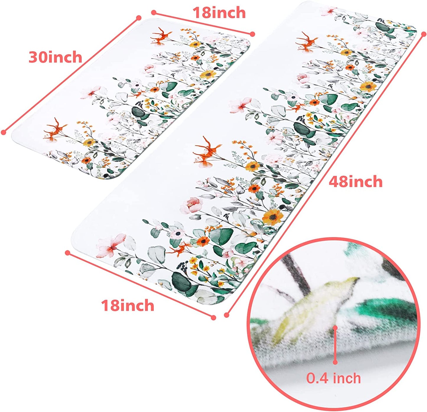 2 PCS Cushioned Floral, Flowers Anti Fatigue Kitchen Rugs - 18'' x 48'' + 18'' x 30''