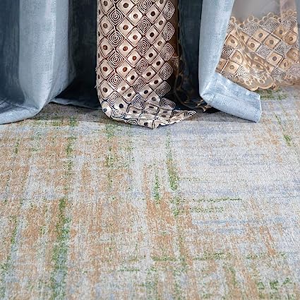 Entryway Abstract Distressed Green Multi Contemporary Carpet Print Chenille Thin Rug