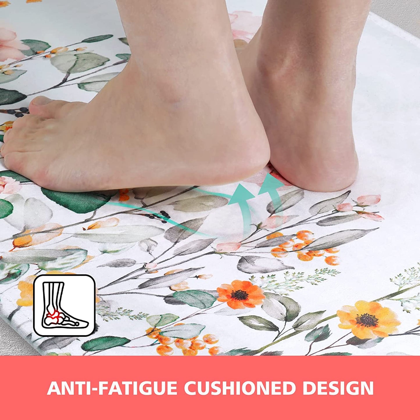 2 PCS Cushioned Floral, Flowers Anti Fatigue Kitchen Rugs - 18'' x 48'' + 18'' x 30''