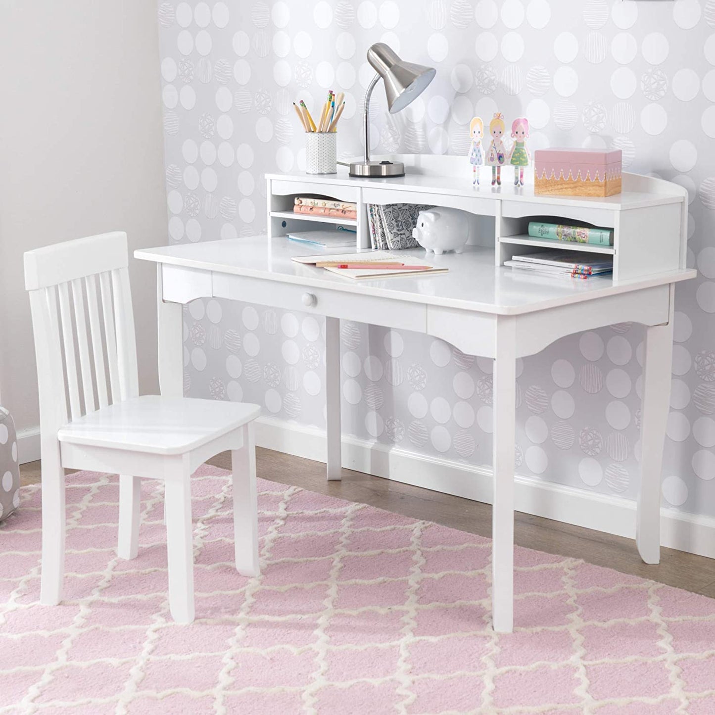 Wooden Children's Desk with Hutch, Chair and Storage, White , Ages 5-10