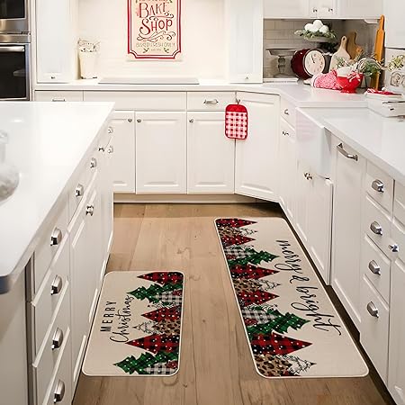 Anti-Slip Buffalo Plaid Merry Christmas Trees Kitchen Rugs Set of 2, White- 17x29 and 17x47 Inch