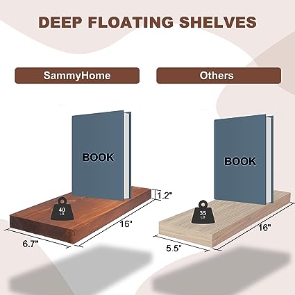 16" Natural Wood Floating Shelves, Brown, Set of 2.