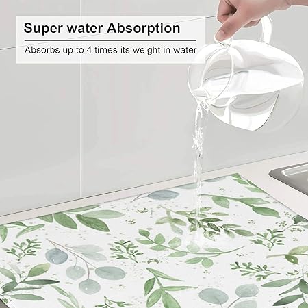 Dish Drying Mat Microfiber for Kitchen Counter Blue and Green Leaves Absorbent Dish Draining Reusable Washable Extra Large 18"x24"
