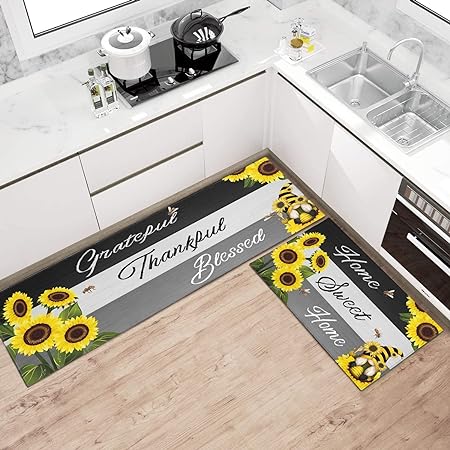 2 Piece Washable Non-Slip Black Boho Kitchen Mats