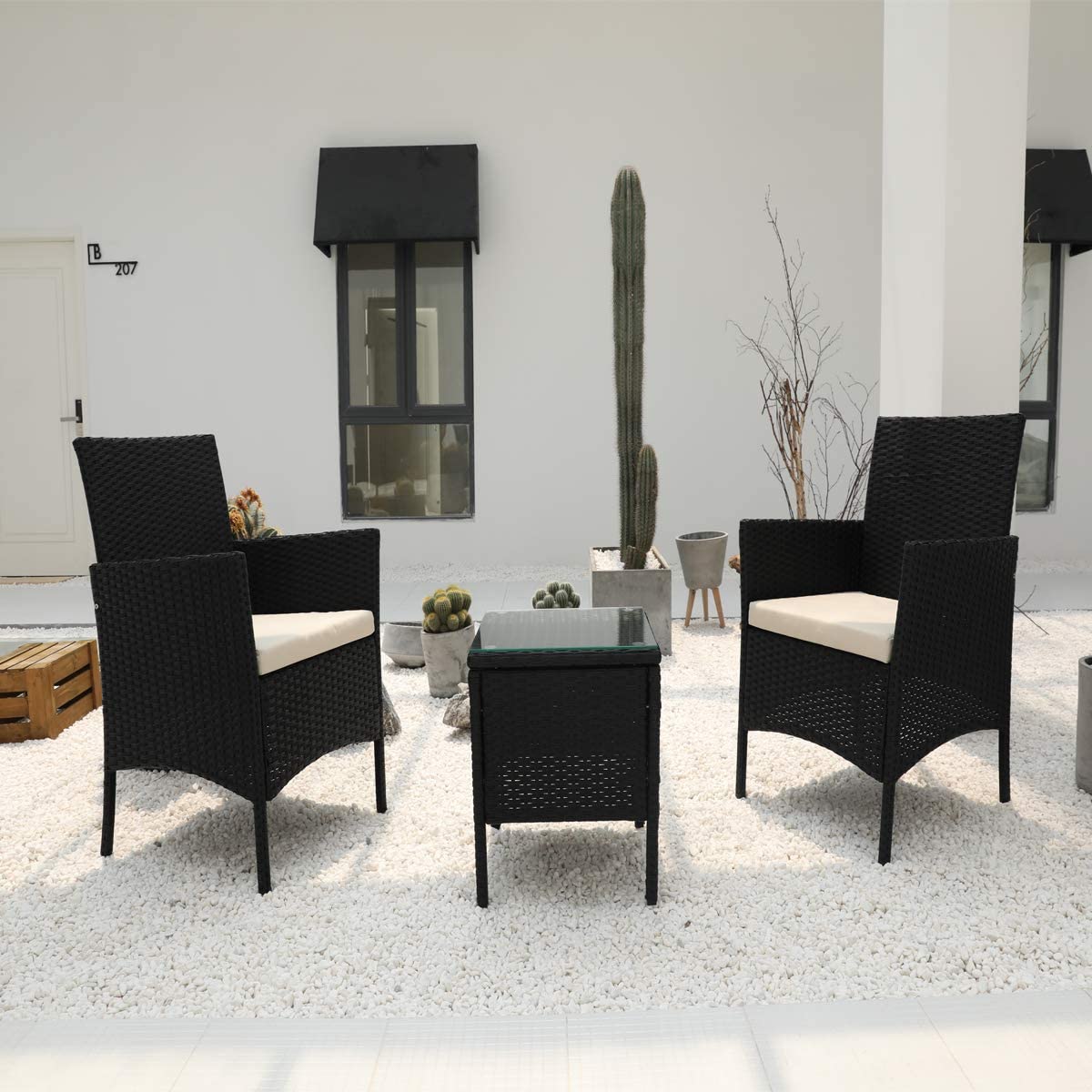 Rattan Patio Indoor/Outdoor Black/Beige Conversation Set - Chairs / Coffee Table
