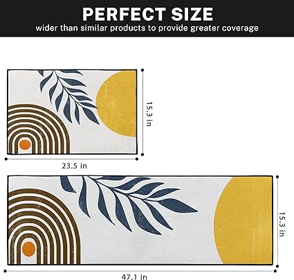 Mid Century Boho Home Kitchen Rugs and Mats Non Skid Washable Set of 2,