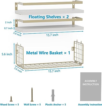 Home Decor Floating Shelves with Towel Bar/Hooks, (Gold-White)