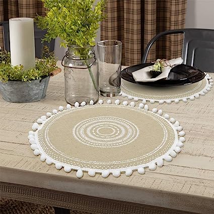 Tribal Folk Geometric Circles Pattern Round Placemat - Farmhouse Jute Table Mats (Jute, Set of 4)