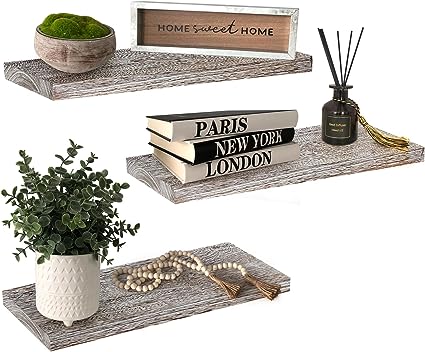 17 Inch Wall Shelf Set of 3, Rustic Wood Shelves for Wall Storage, Wall Mounted Wooden Display Shelf for Bathroom Bedroom Kitchen Garage, Natural