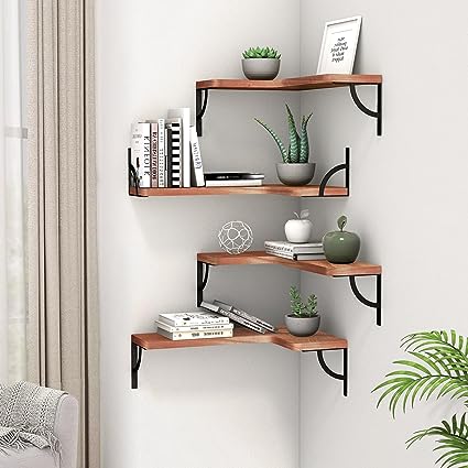 Set of 4, Corner Wood Display Storage Wall Mounted Floating Shelves
