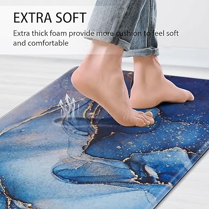 Cushioned Anti Fatigue Set of 2 Abstract Marble Waterproof Non Slip Waterproof Non Slip Kitchen Floor Mat Comfort Memory Foam Standing Mat for Kitchen Floor, Blue