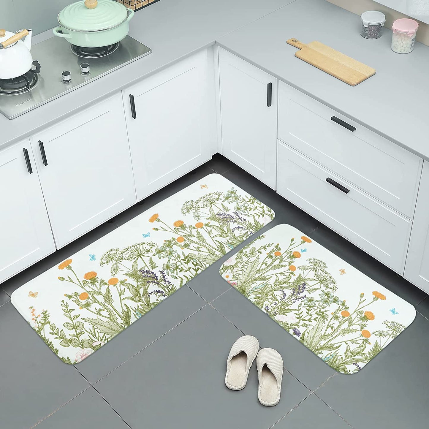 2 PCS Cushioned Floral, Flowers Anti Fatigue Kitchen Rugs - 18'' x 48'' + 18'' x 30''