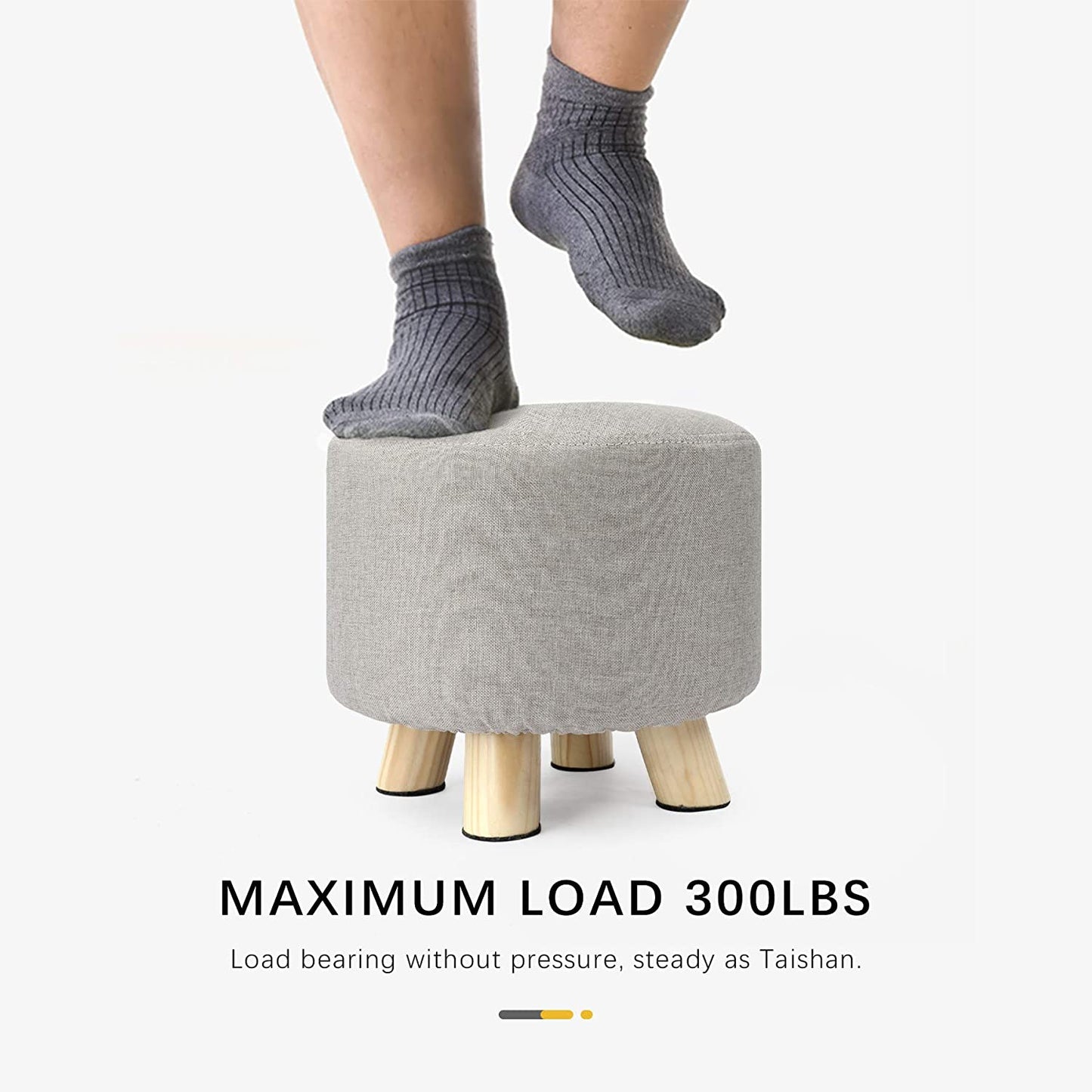Round Ottoman Foot Rest Stool, Fabric Padded Seat with Non-Skid Wooden Legs and Removable Cover