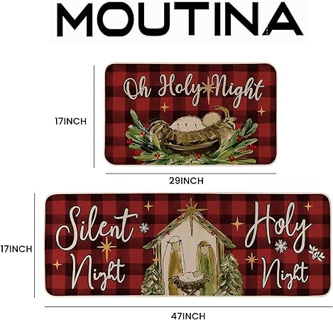 Anti-Slip O Holy Night Red Buffalo Plaid Christmas Kitchen Rugs Set of 2, 17x29 and 17x47 Inch