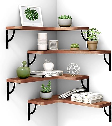 Set of 4, Corner Wood Display Storage Wall Mounted Floating Shelves