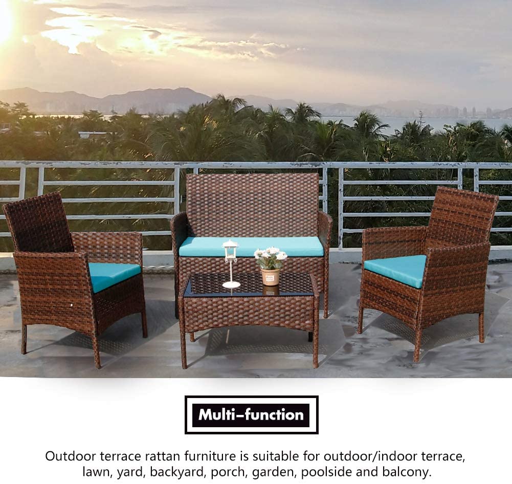Rattan Patio Indoor/Outdoor Brown/Blue Conversation Set - Chairs / Coffee Table