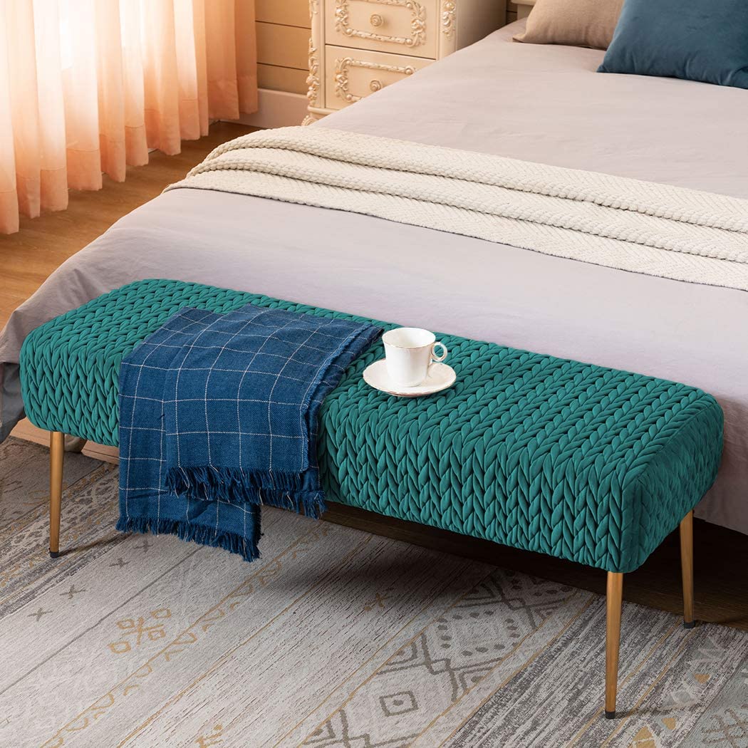 Quilt Velvet Bench Ottoman Comfortable Footrest Stool Table Bench Dining Bench Indoor Bench with Gold Metal Base for Entryway Dining Room Living Room Bedroom Atrovirens