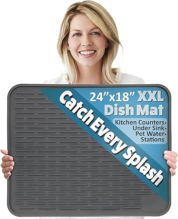 Extra Large, Waterproof Pet Feeding XXL Silicone Dish Drying Mat, (Beige) 24" x 18"