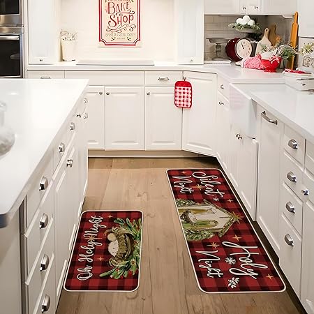 Anti-Slip O Holy Night Red Buffalo Plaid Christmas Kitchen Rugs Set of 2, 17x29 and 17x47 Inch